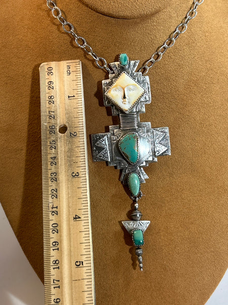 Carved Bone and Turquoise Pendant on Chain by Teresa Archibeque