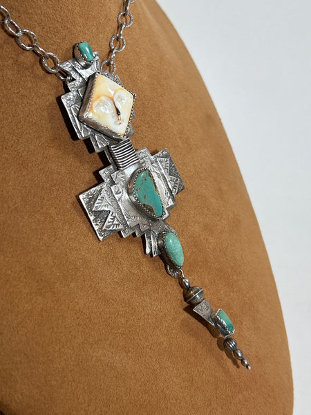 Carved Bone and Turquoise Pendant on Chain by Teresa Archibeque
