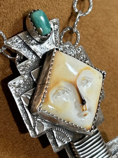 Carved Bone and Turquoise Pendant on Chain by Teresa Archibeque