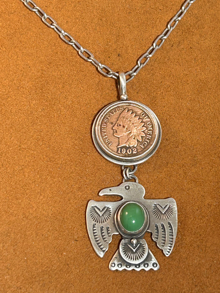 Thunderbird and Vintage Penny Pendant Necklace by Dennis Hogan
