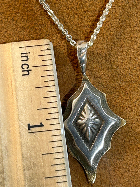 Diamond Shaped Layered and Stamped Pendant on 18" Chain by Clif Doran
