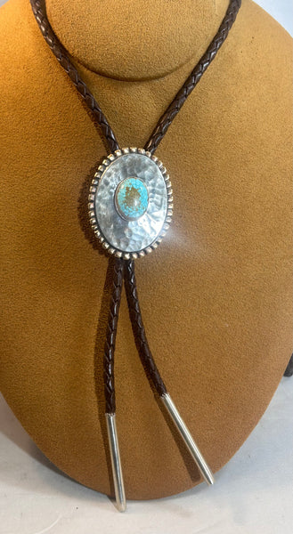 Hammered Oval Bolo with Turquoise  by Cliff Doran