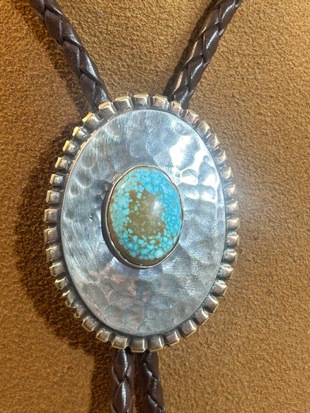 Hammered Oval Bolo with Turquoise  by Cliff Doran