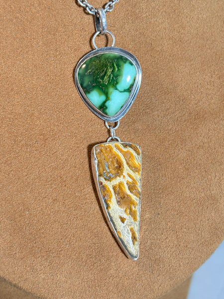 Petrified Wood and Turquoise Pendant Necklace by Dezbah Stumpff