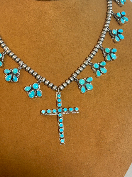 Turquoise Squash Blossom with Cross by Don Lucas