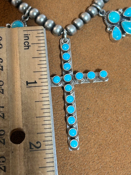 Turquoise Squash Blossom with Cross by Don Lucas