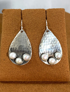 Small Silver Teardrop Fresh Water Pearl Earrings by Richard Schmidt