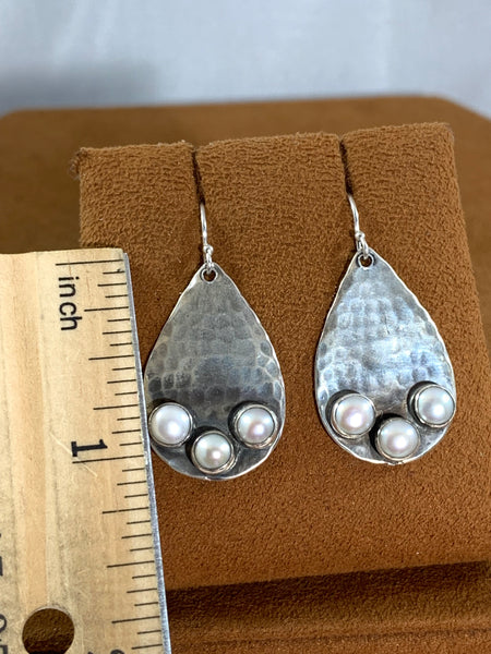 Small Silver Teardrop Fresh Water Pearl Earrings by Richard Schmidt