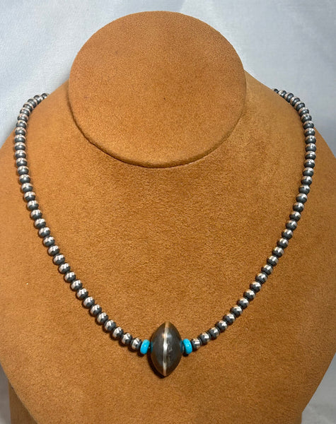 Classic Navajo Bead Necklace with Kingman Turquoise by First American Traders