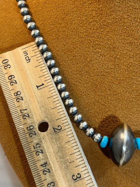 Classic Navajo Bead Necklace with Kingman Turquoise by First American Traders