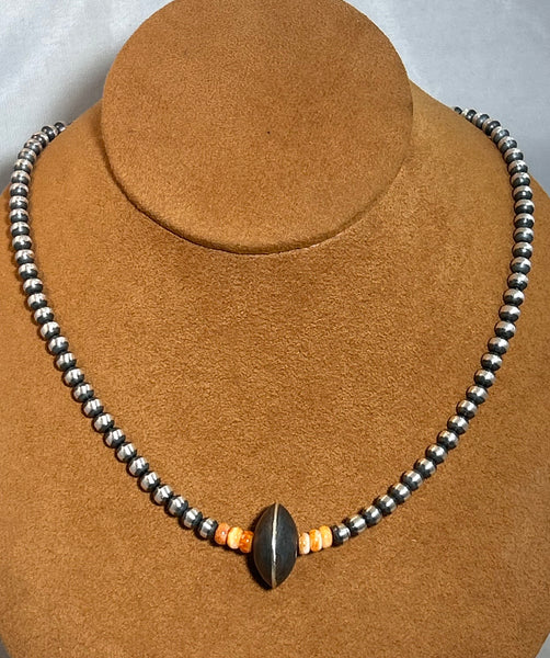 Classic Navajo Bead Necklace with Orange Spiny Oyster by First American Traders