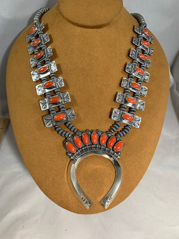 Navajo Coral Box Squash Necklace by Mary Teller