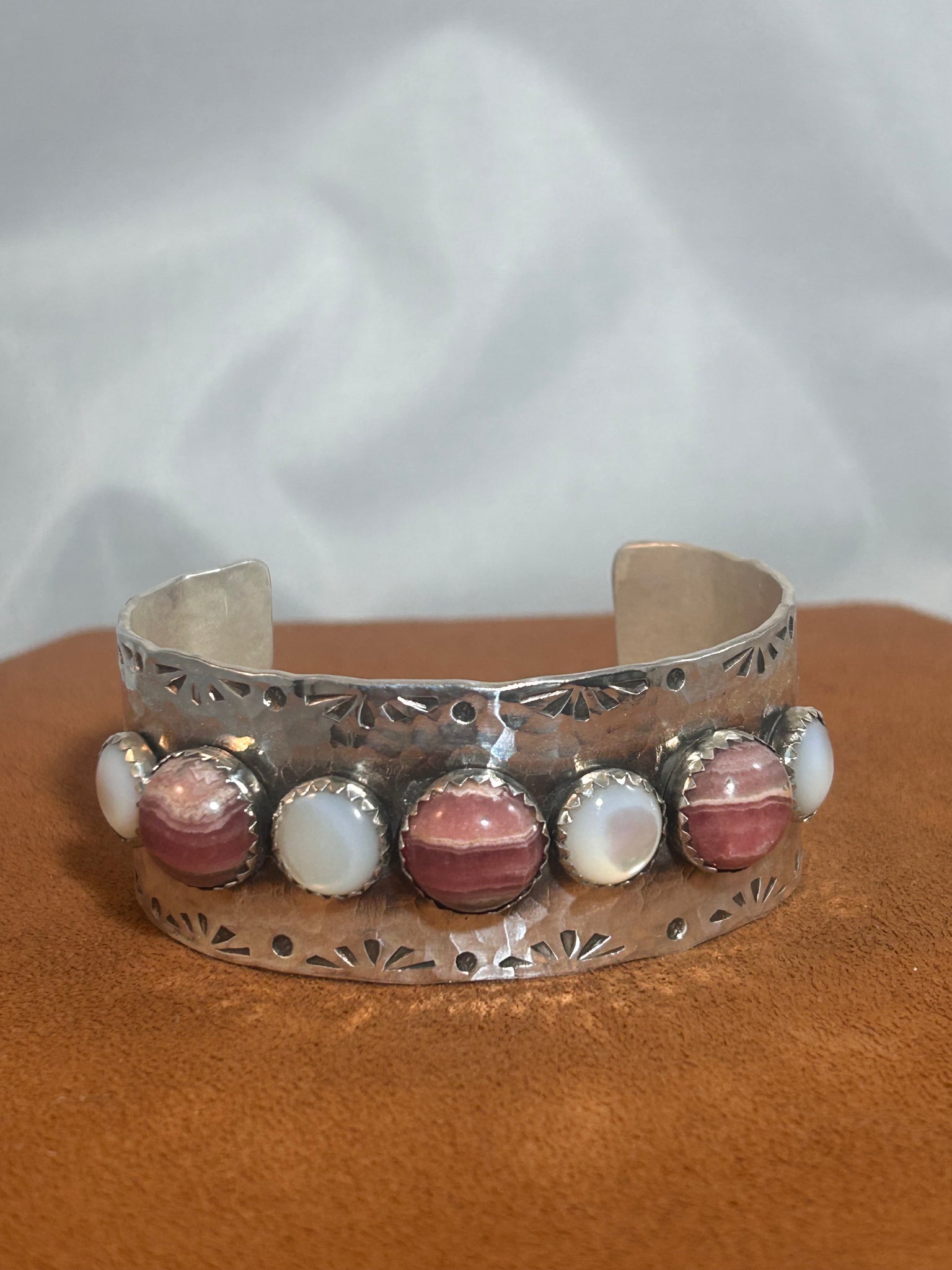 Mother of Pearl and Rhodochrosite Cuff by Richard Schmidt