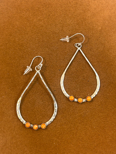 Slender Silver Teardrop Earrings with Three Small Spiny Oyster Stones by Richard Schmidt