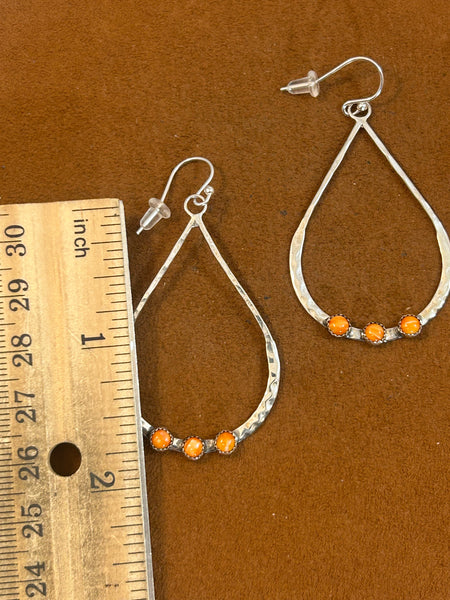 Slender Silver Teardrop Earrings with Three Small Spiny Oyster Stones by Richard Schmidt