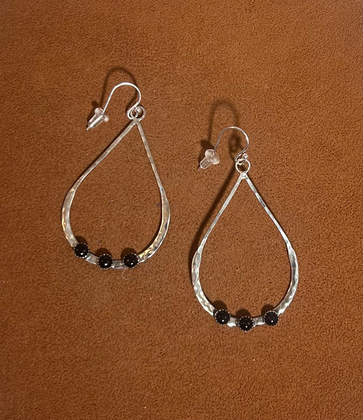 Slender Silver Teardrop Earrings with Three Small Onyx Stones by Richard Schmidt
