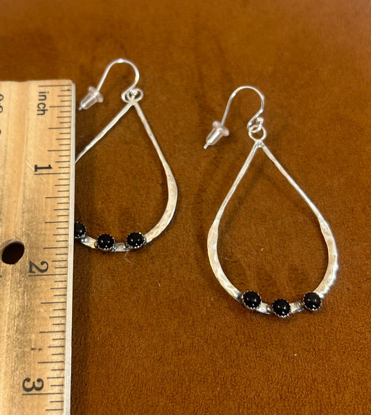 Slender Silver Teardrop Earrings with Three Small Onyx Stones by Richard Schmidt
