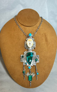 Green Fossilized Bone Face and Necklace by Teresa Archibeque