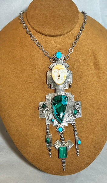 Green Fossilized Bone Face and Necklace by Teresa Archibeque