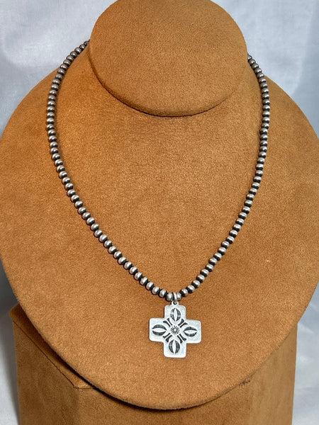 Sterling Silver Bead and Stamped Cross Necklace  by Kevin Randall Studios