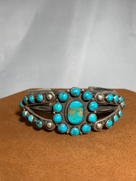 Ornate Vintage Blue Gem Navajo Cuff (Circa 1930)