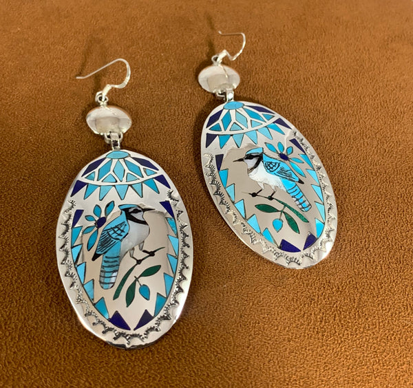 Zuni Inlay Blue Jay Earrings by Quintin Quam