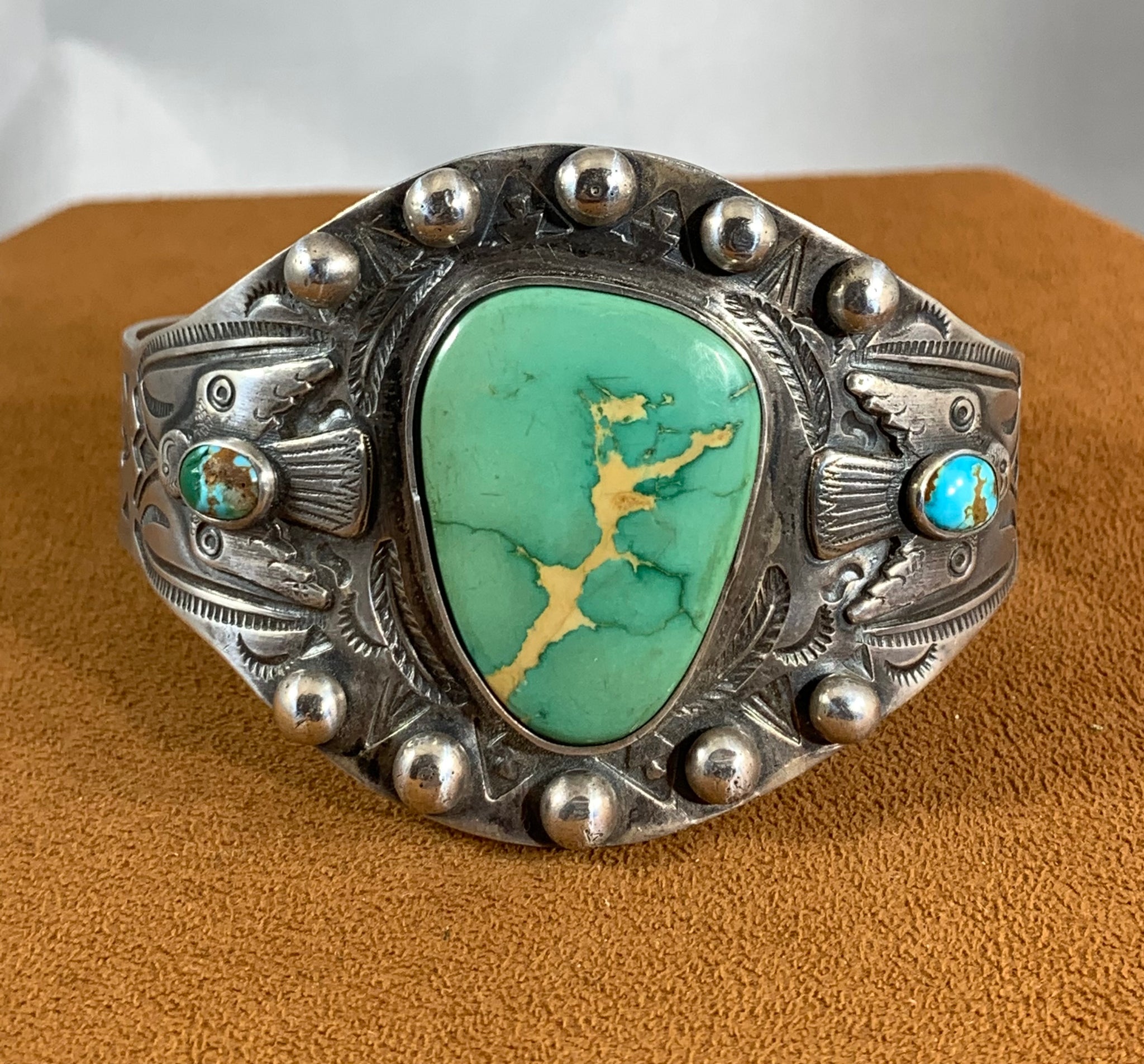 Large Vintage Fred Harvey Thunderbird Turquoise Cuff (1930