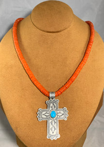 Coral Bead Necklace with Cross by Don Lucas