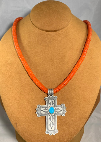 Coral Bead Necklace with Cross by Don Lucas