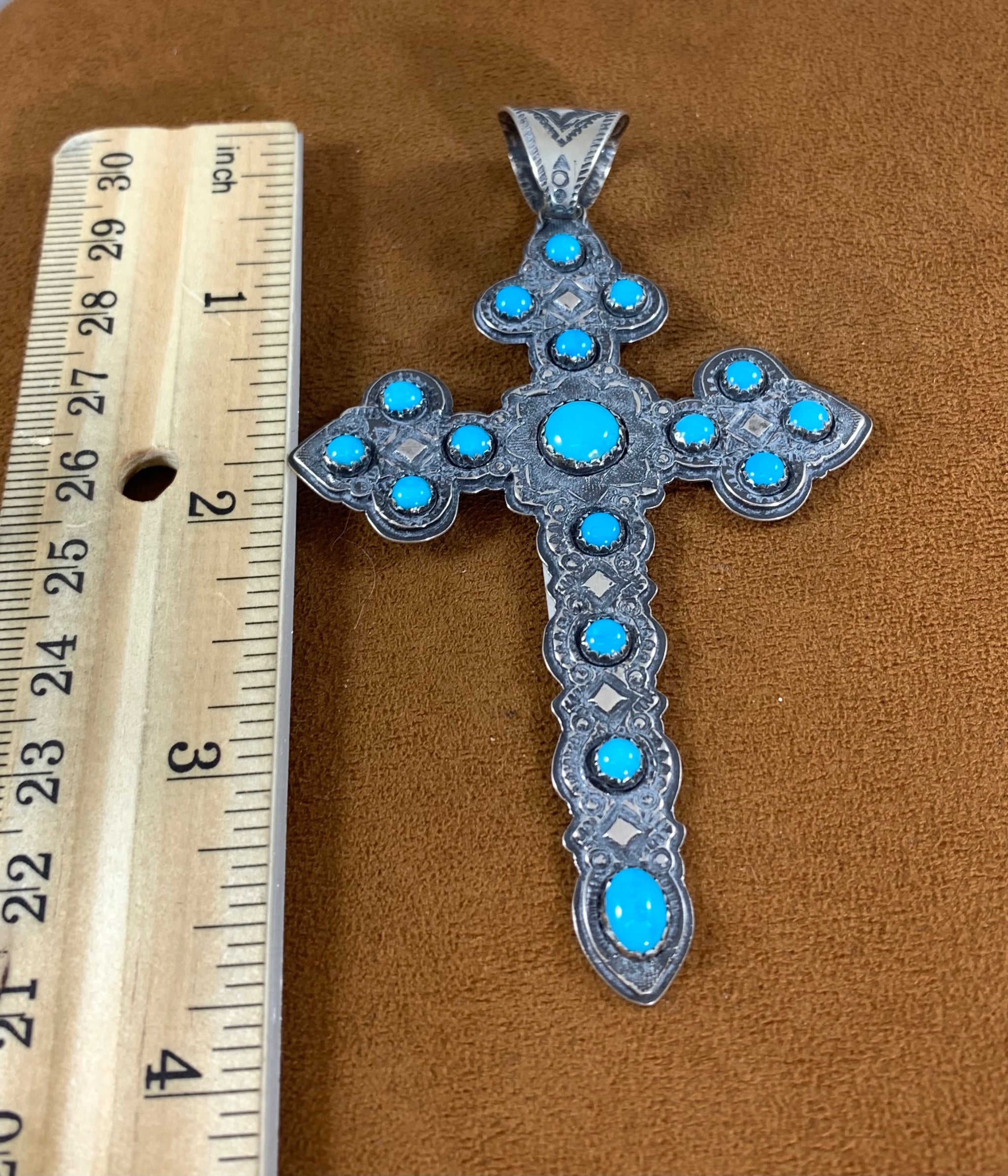 Intricate Silver And Turquoise Cross Pendant by Emory 