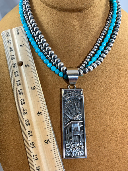 Three Strand Navajo Bead and Turquoise Necklace with Ortega Pendant by Kevin Randall Studios