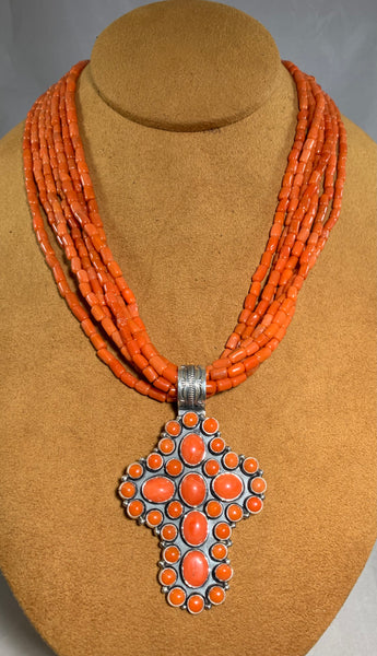 Seven Strand Coral Cross Necklace by Don Lucas