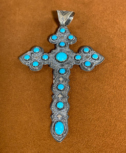 Intricate Silver And Turquoise Cross Pendant by Emory