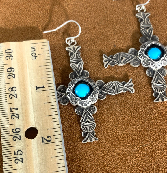 Captive Stone Turquoise Cross Earrings by Gregory Segura
