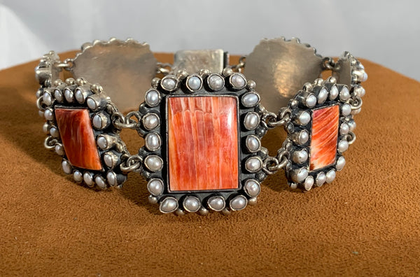 Orange Spiny Oyster and Pearl Bracelet by Federico Jimenez