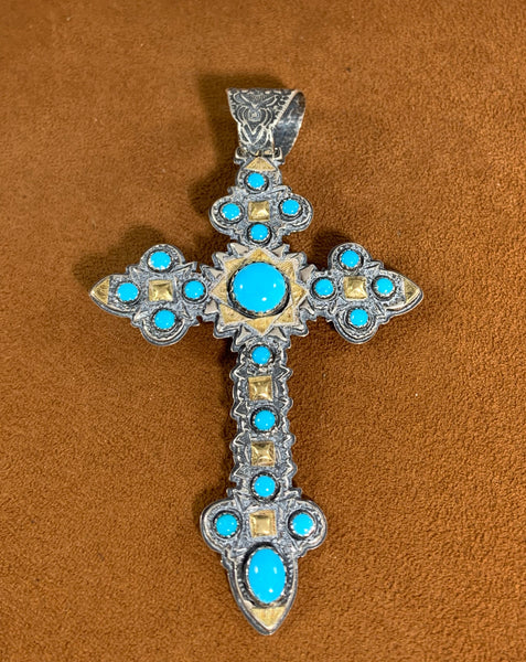 Intricate Gold and Silver And Turquoise Cross Pendant by Emory