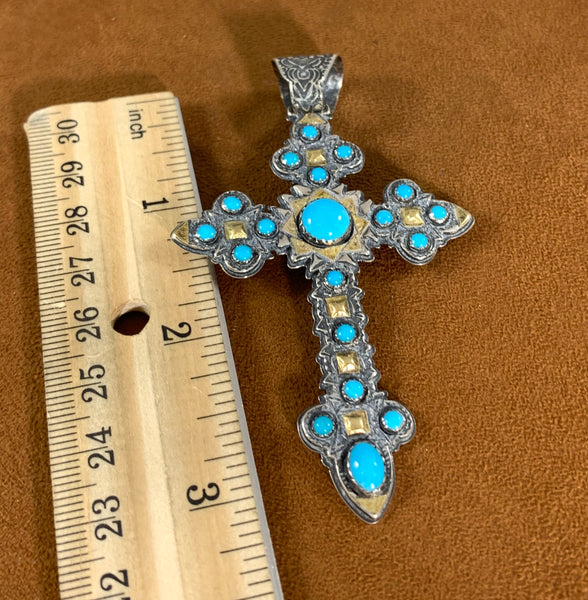 Intricate Gold and Silver And Turquoise Cross Pendant by Emory