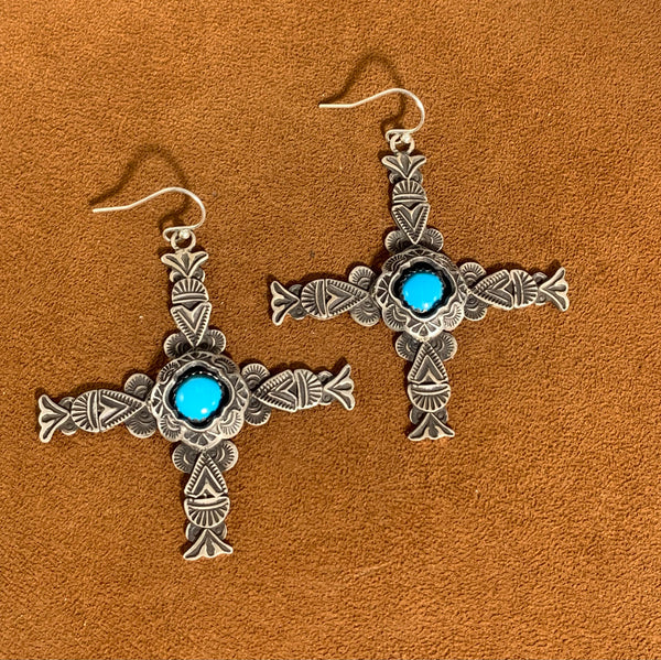 Captive Stone Turquoise Cross Earrings by Gregory Segura
