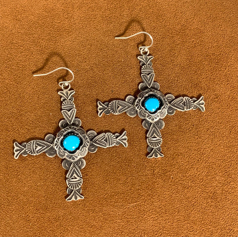 Captive Stone Turquoise Cross Earrings by Gregory Segura