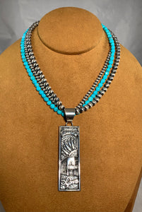 Three Strand Navajo Bead and Turquoise Necklace with Ortega Pendant by Kevin Randall Studios