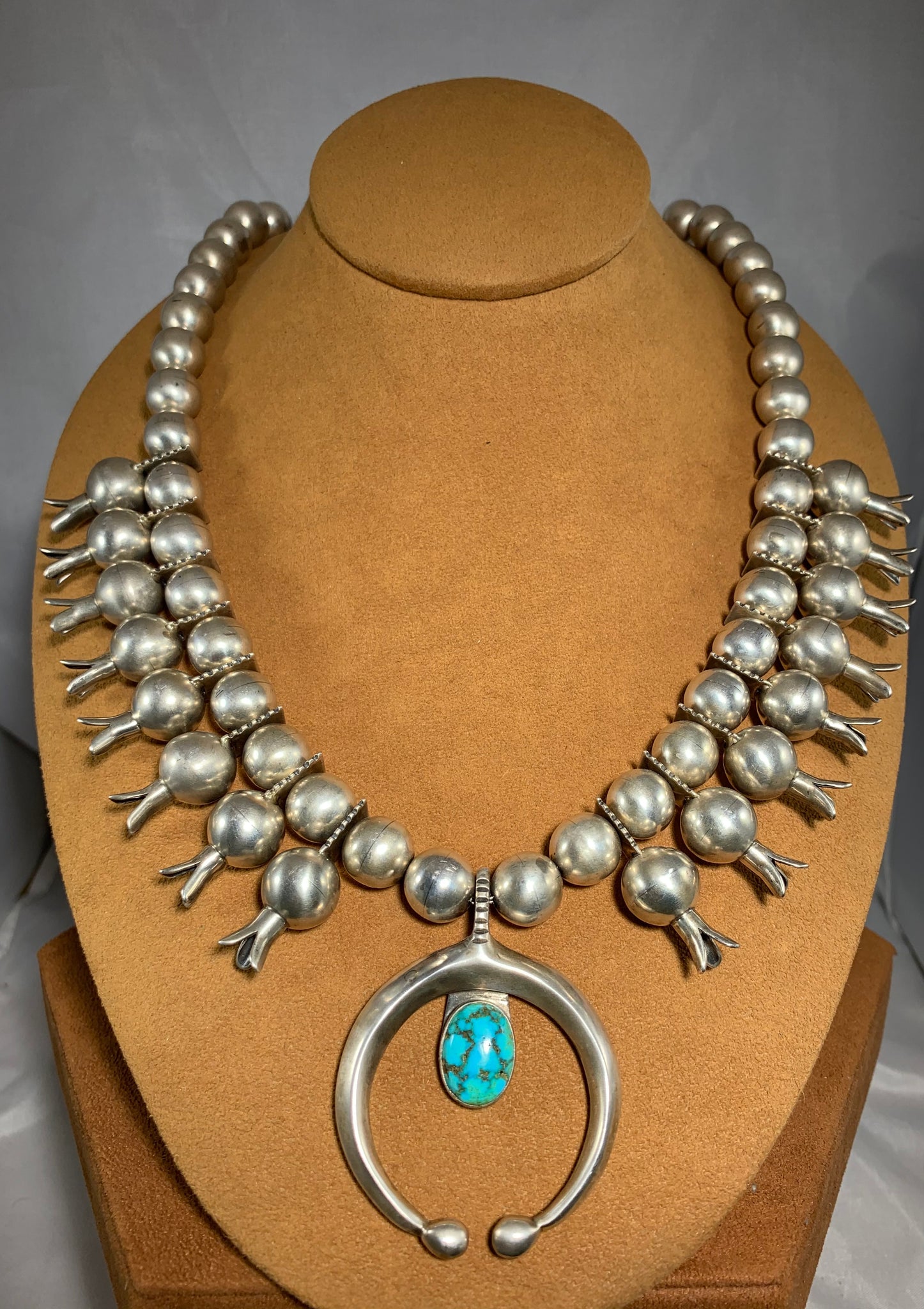 Sterling Silver Squash Blossom Necklace with Kingman Turquoise by Don Lucas