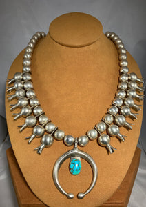 Sterling Silver Squash Blossom Necklace with Kingman Turquoise by Don Lucas